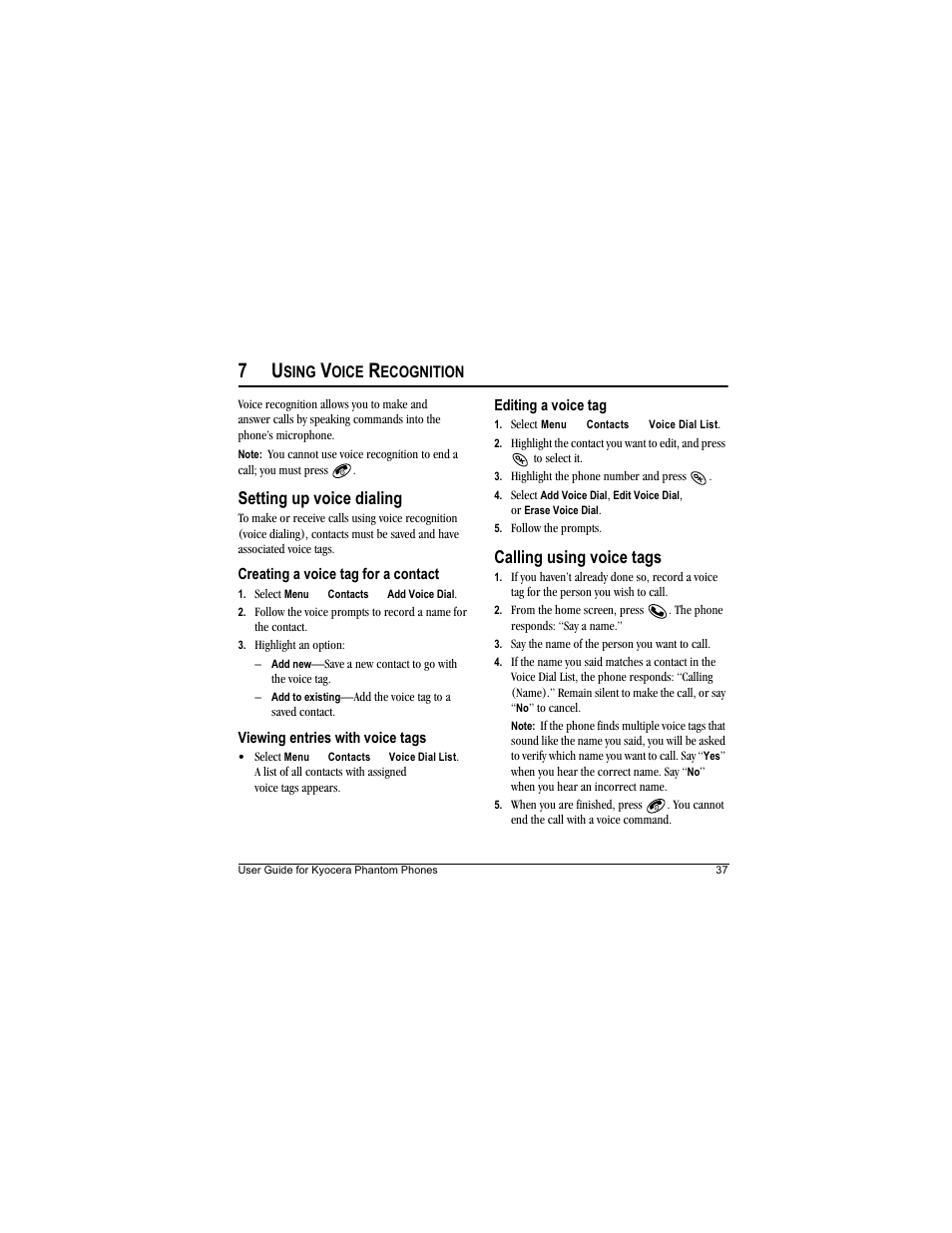 Setting up voice dialing, Calling using voice tags | Kyocera Phantom TXLCC10042B User Manual | Page 45 / 60