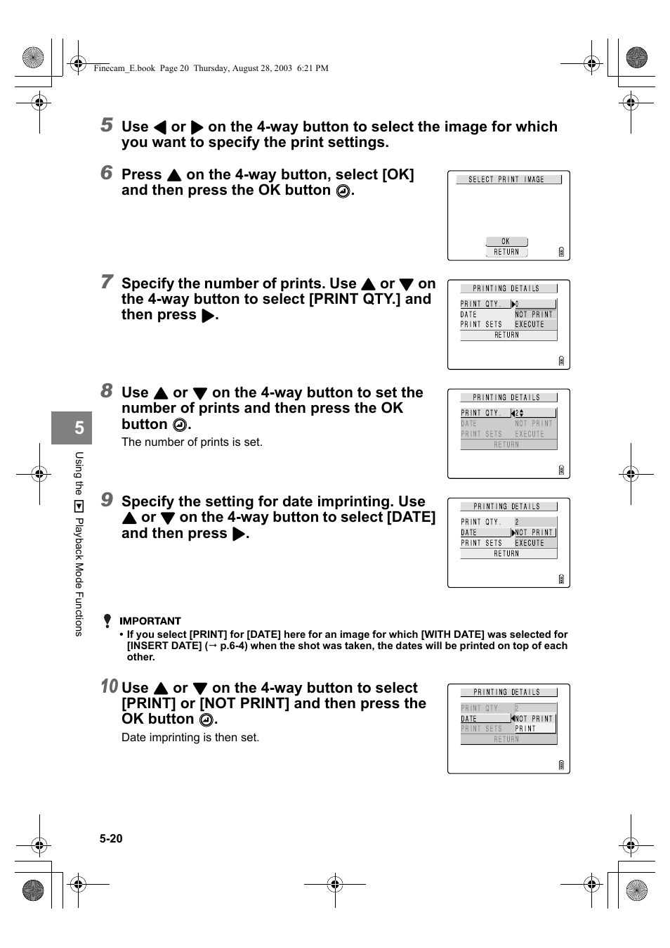 Press, Specify the number of prints. use, Specify the setting for date imprinting. use | Kyocera SL300R User Manual | Page 104 / 134