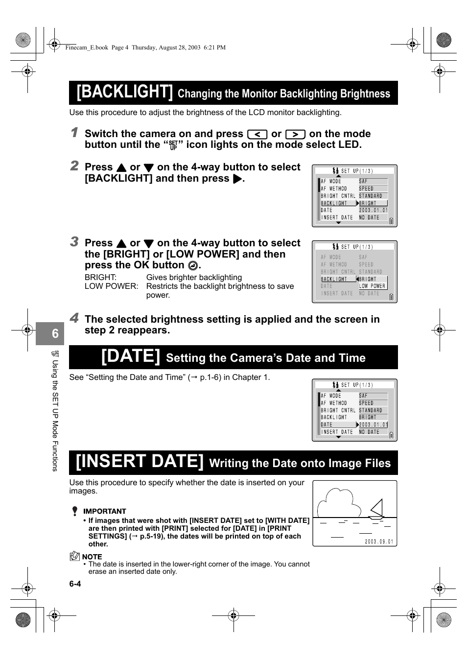 Backlight, Date, Insert date | Changing the monitor backlighting brightness, Setting the camera’s date and time, Writing the date onto image files, Switch the camera on and press, On the mode button until the, Icon lights on the mode select led, Press | Kyocera SL300R User Manual | Page 112 / 134