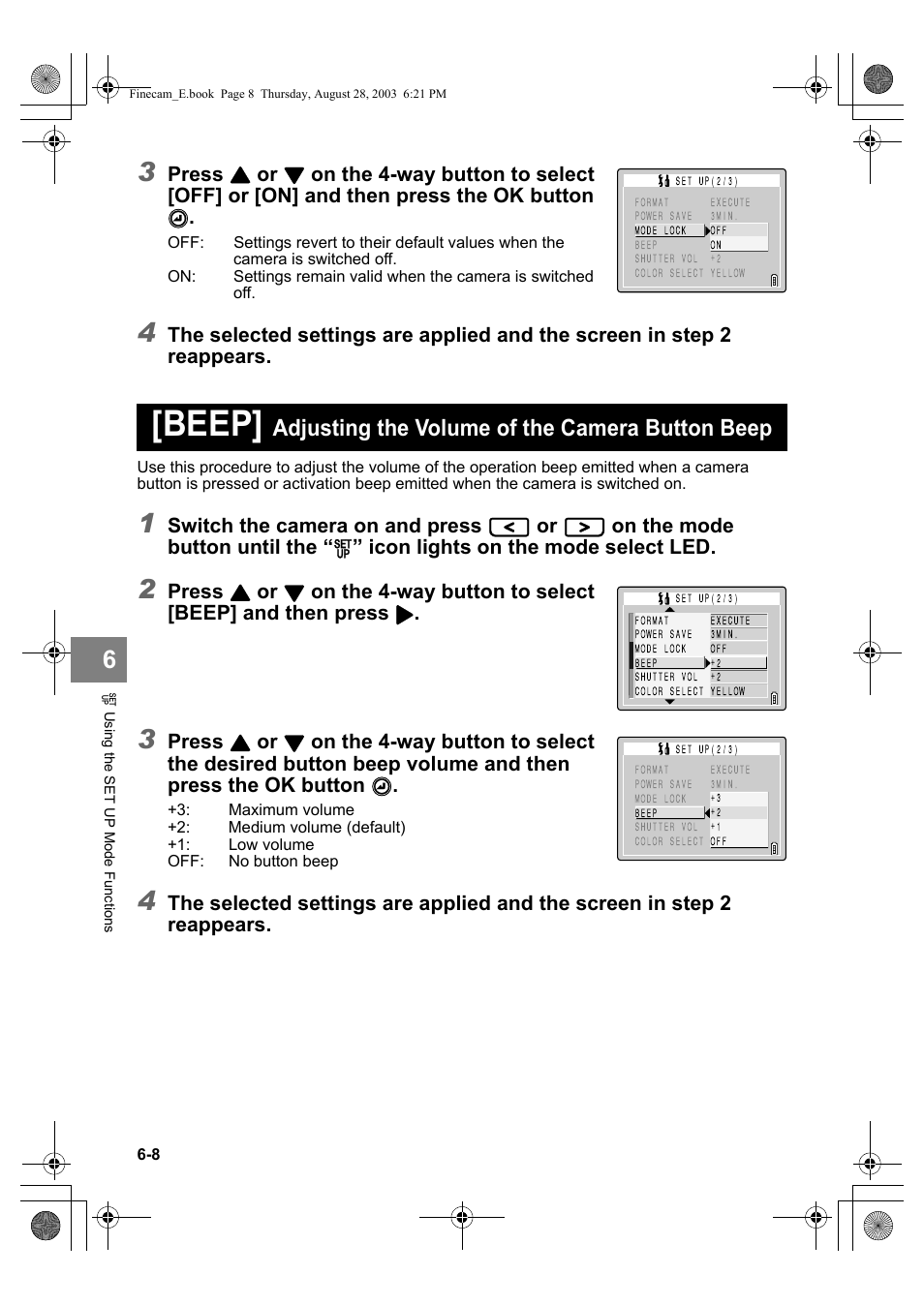 Beep, Adjusting the volume of the camera button beep, Press | Switch the camera on and press, On the mode button until the, Icon lights on the mode select led | Kyocera SL300R User Manual | Page 116 / 134
