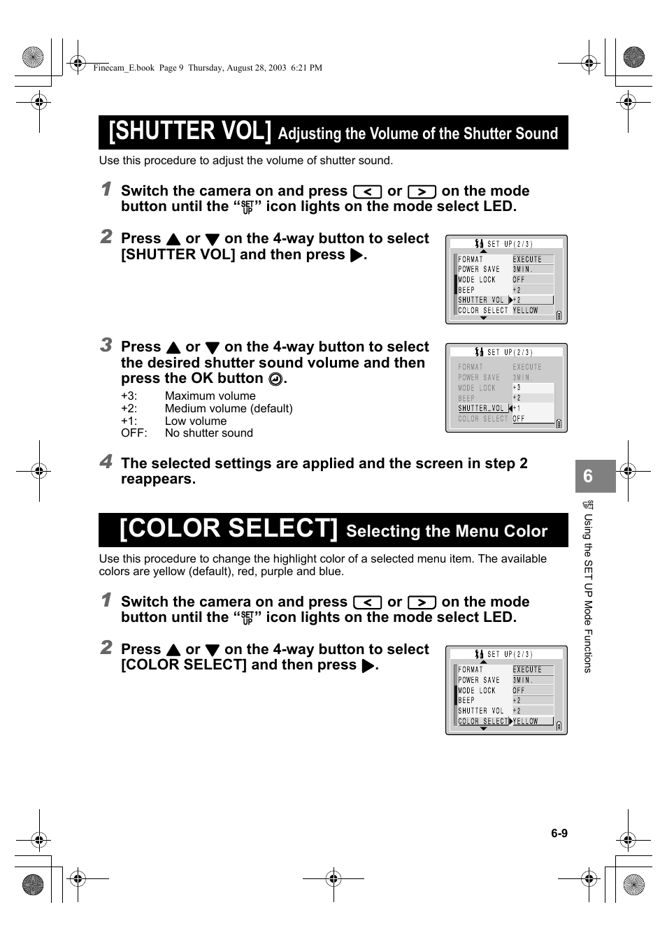 Shutter vol, Color select, Adjusting the volume of the shutter sound | Selecting the menu color, Switch the camera on and press, On the mode button until the, Icon lights on the mode select led, Press | Kyocera SL300R User Manual | Page 117 / 134