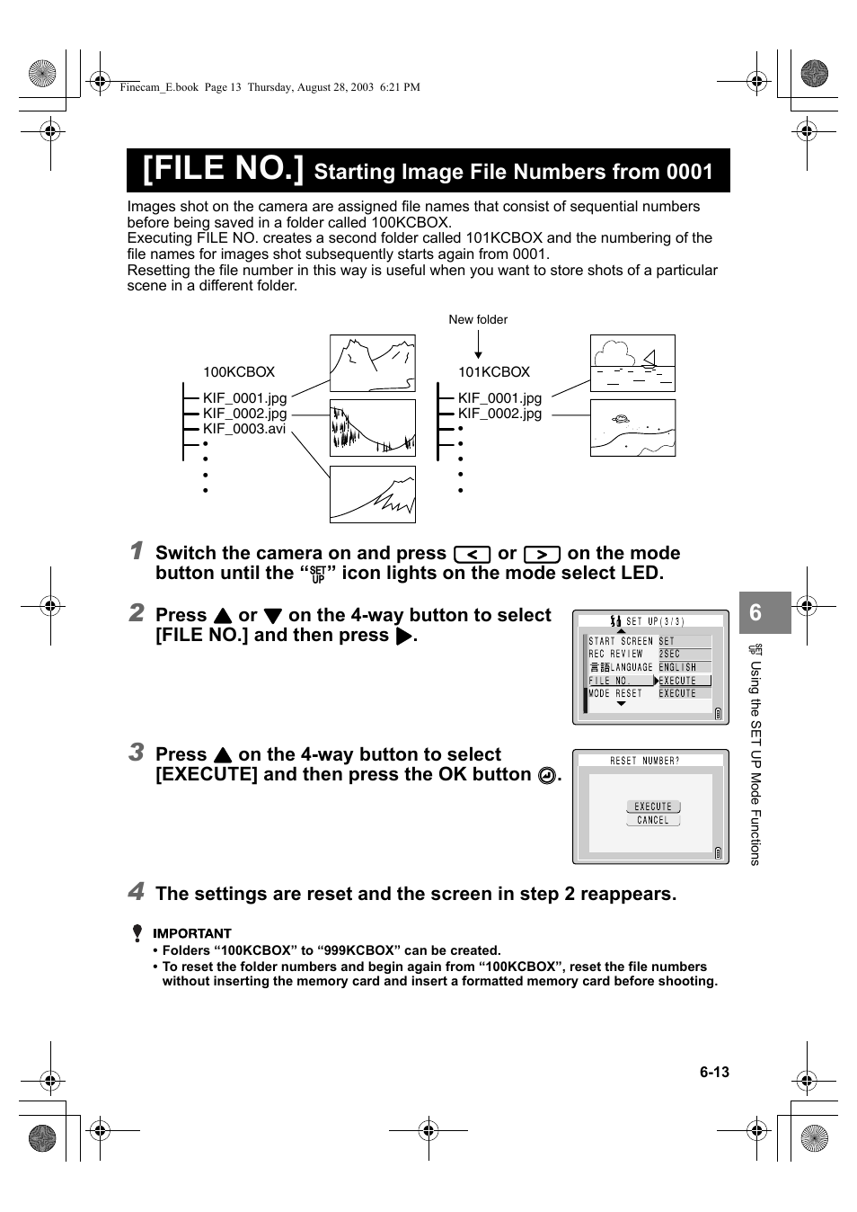 File no, Starting image file numbers from 0001, Switch the camera on and press | On the mode button until the, Icon lights on the mode select led, Press | Kyocera SL300R User Manual | Page 121 / 134