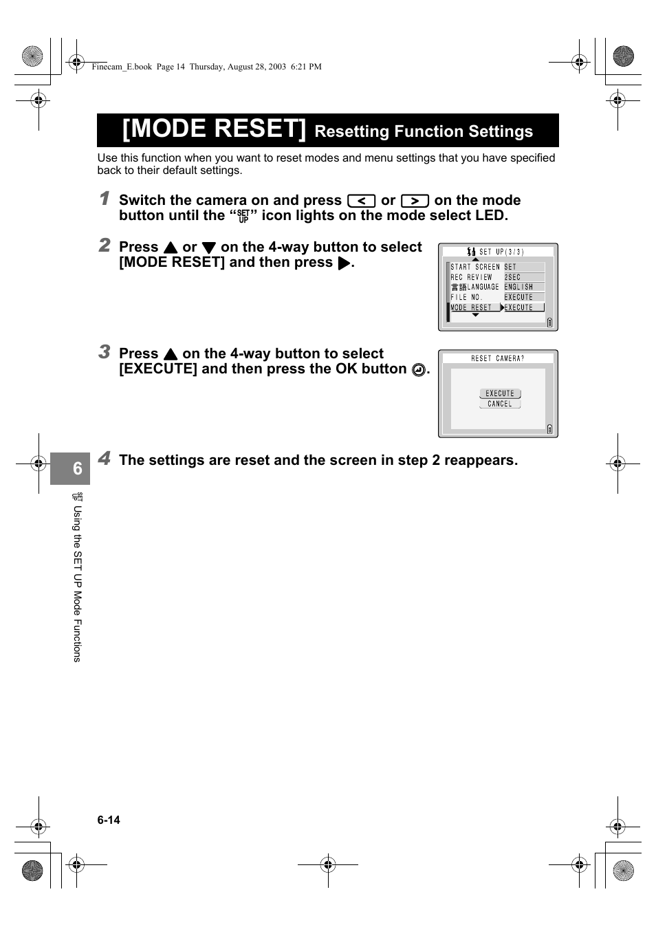 Mode reset, Resetting function settings | Kyocera SL300R User Manual | Page 122 / 134
