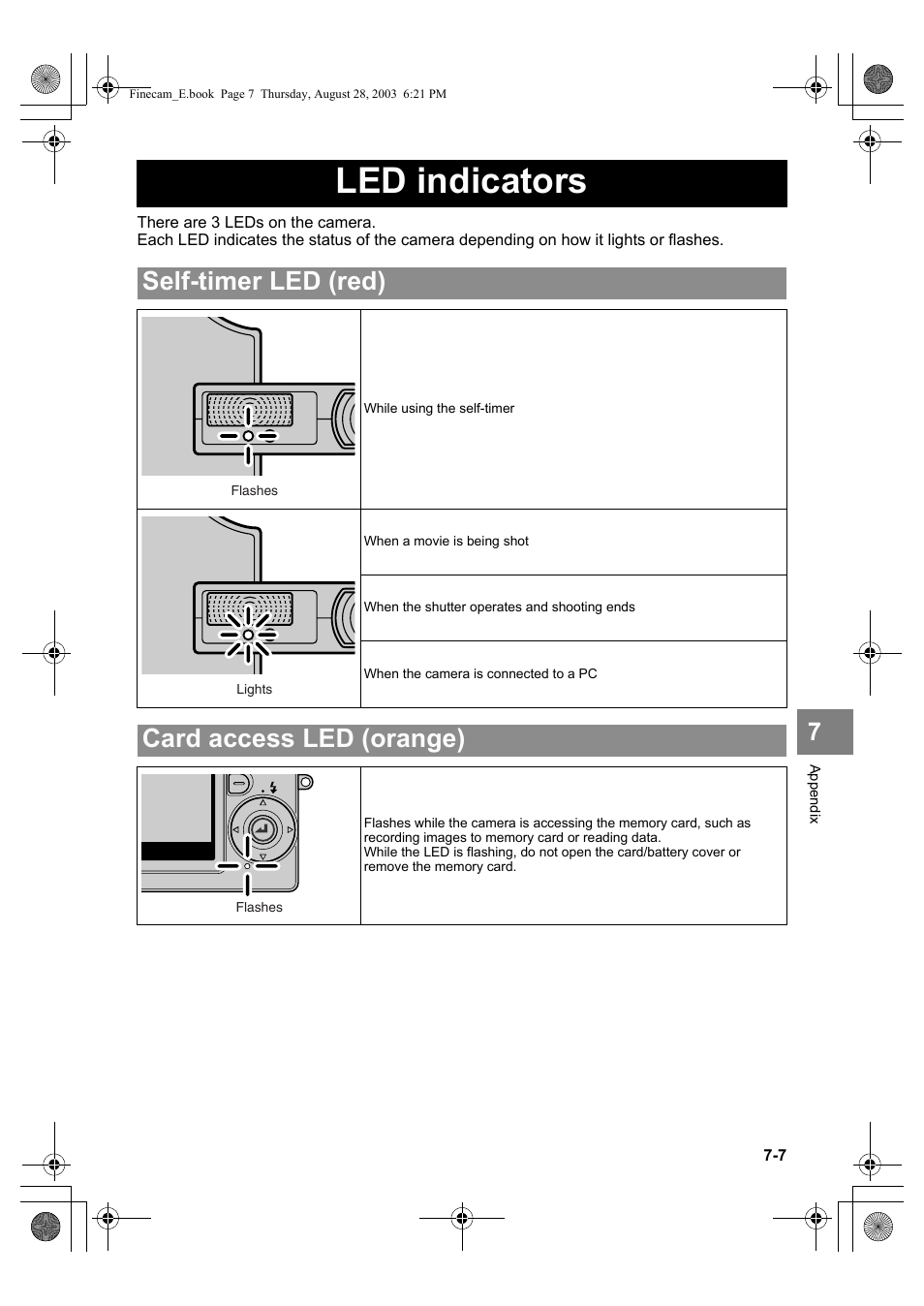 Led indicators, Self-timer led (red), Card access led (orange) | Kyocera SL300R User Manual | Page 129 / 134