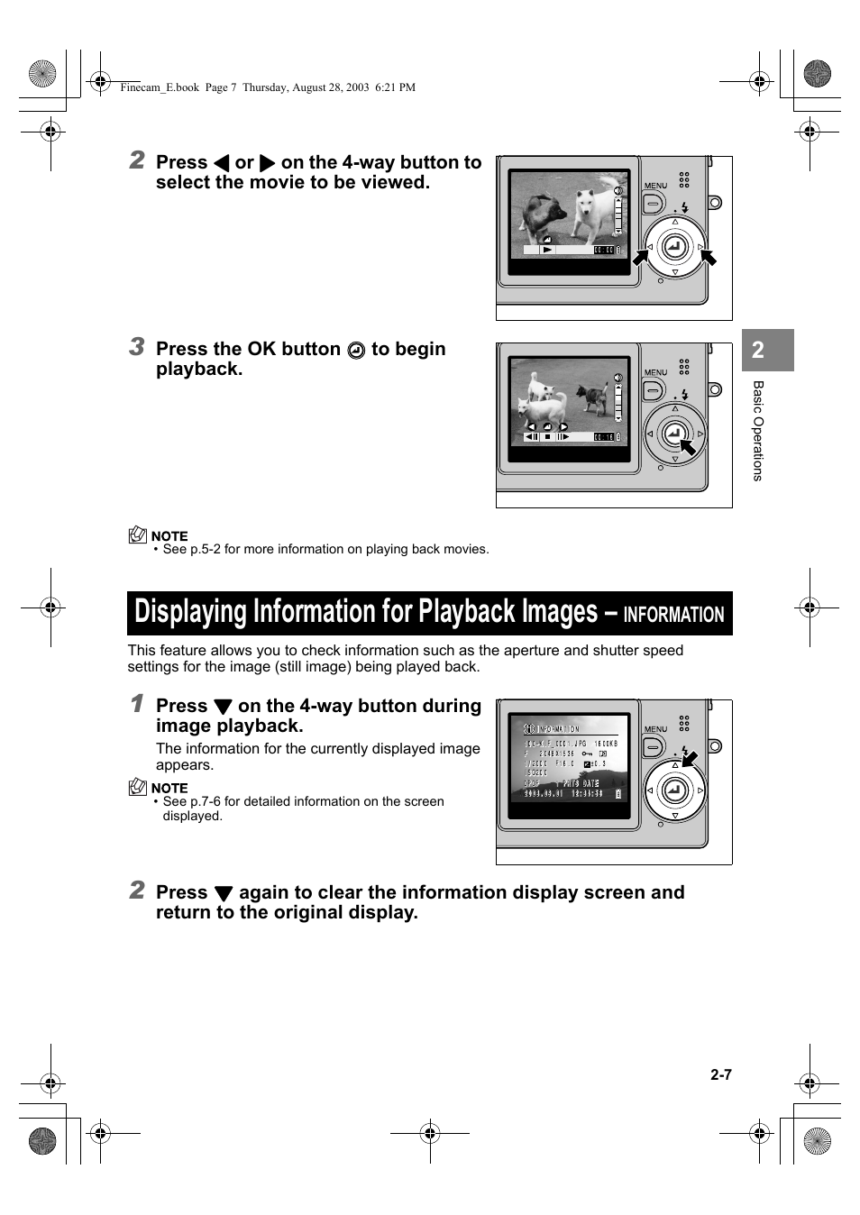 Displaying information for playback images, Information, Press | Press the ok button, On the 4-way button during image playback | Kyocera SL300R User Manual | Page 31 / 134