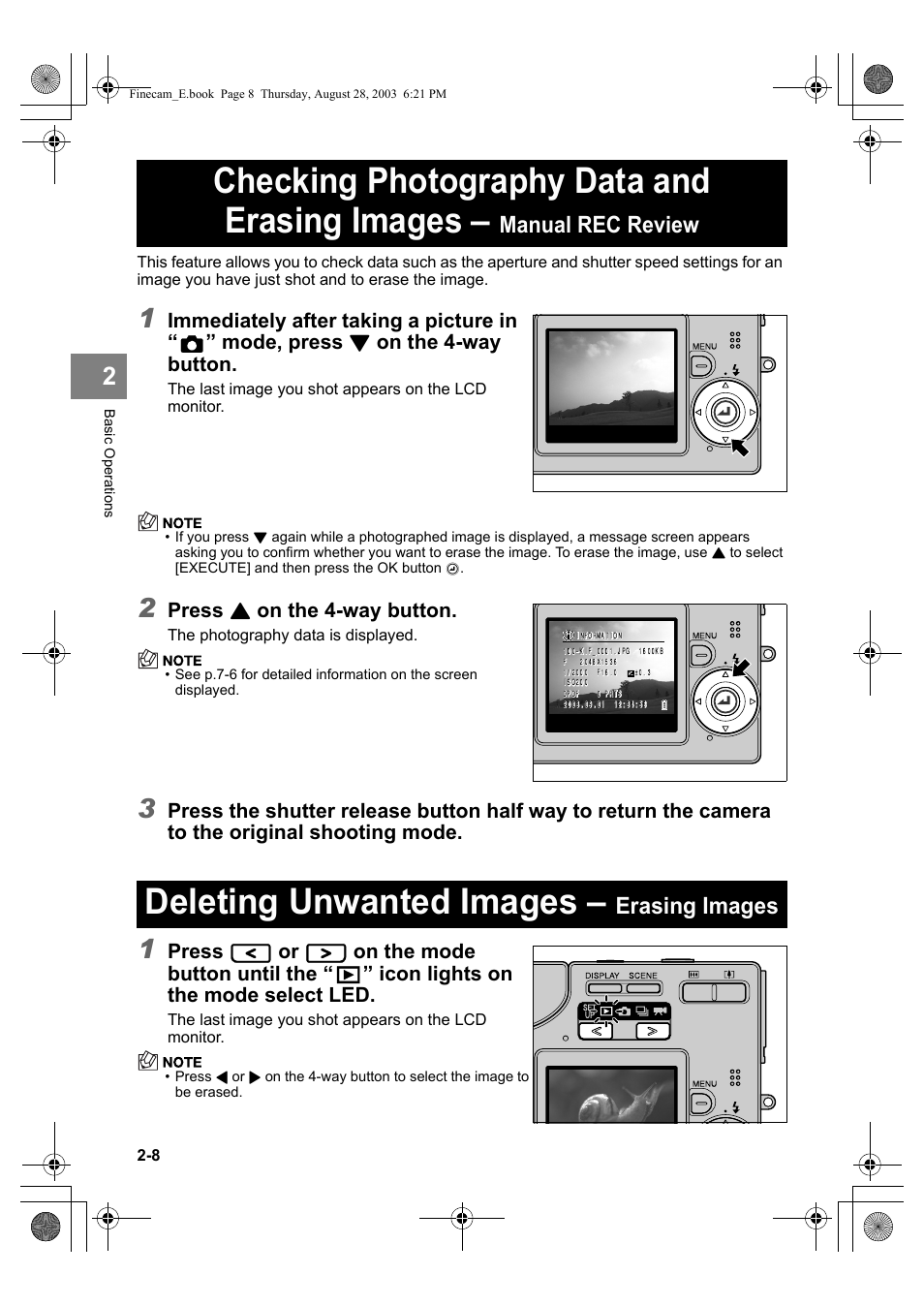 Checking photography data and erasing images, Deleting unwanted images, Manual rec review | Erasing images, Immediately after taking a picture in, Mode, press, On the 4-way button, Press, On the mode button until the, Icon lights on the mode select led | Kyocera SL300R User Manual | Page 32 / 134