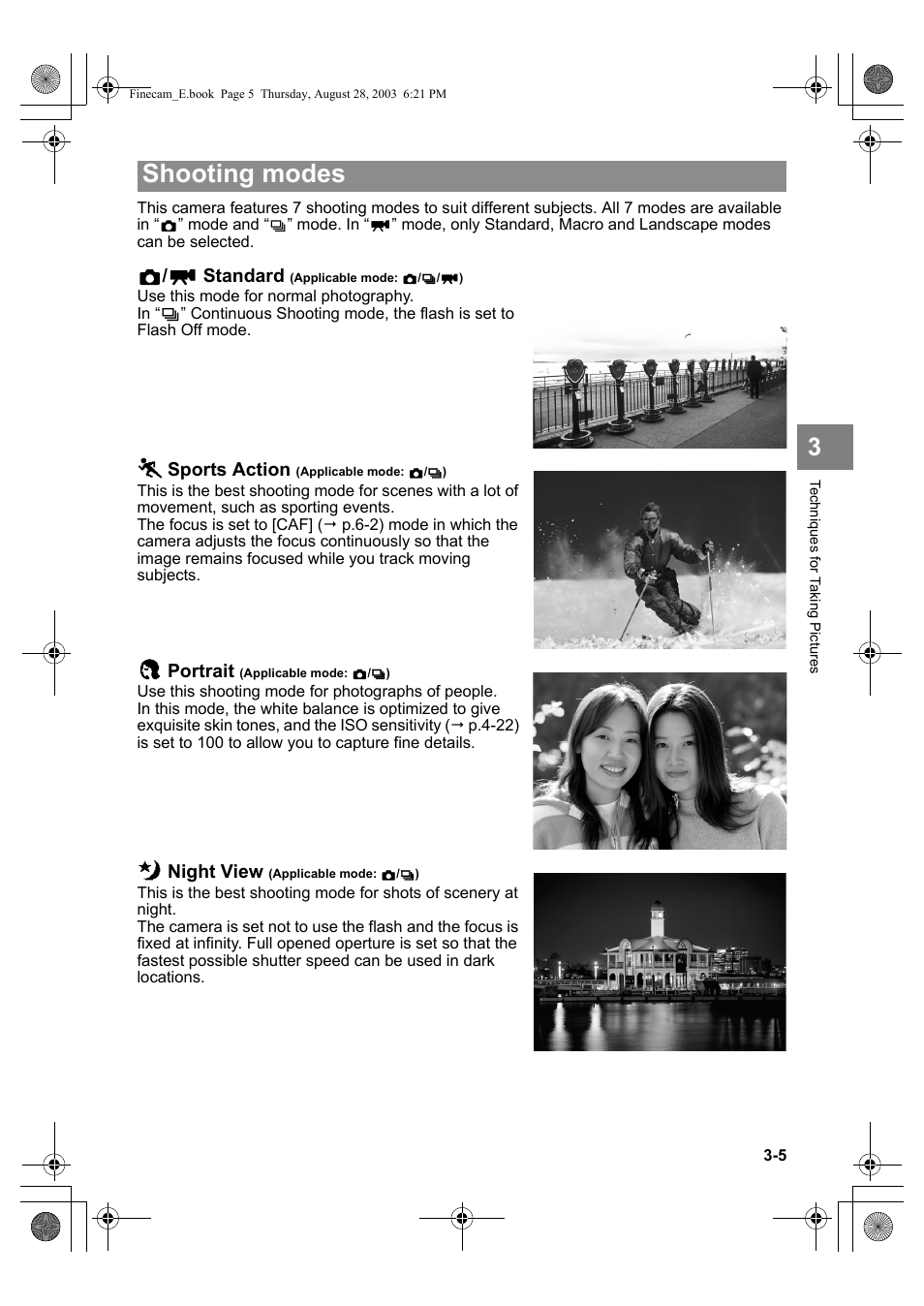 Shooting modes, Standard, Sports action | Portrait, Night view | Kyocera SL300R User Manual | Page 53 / 134