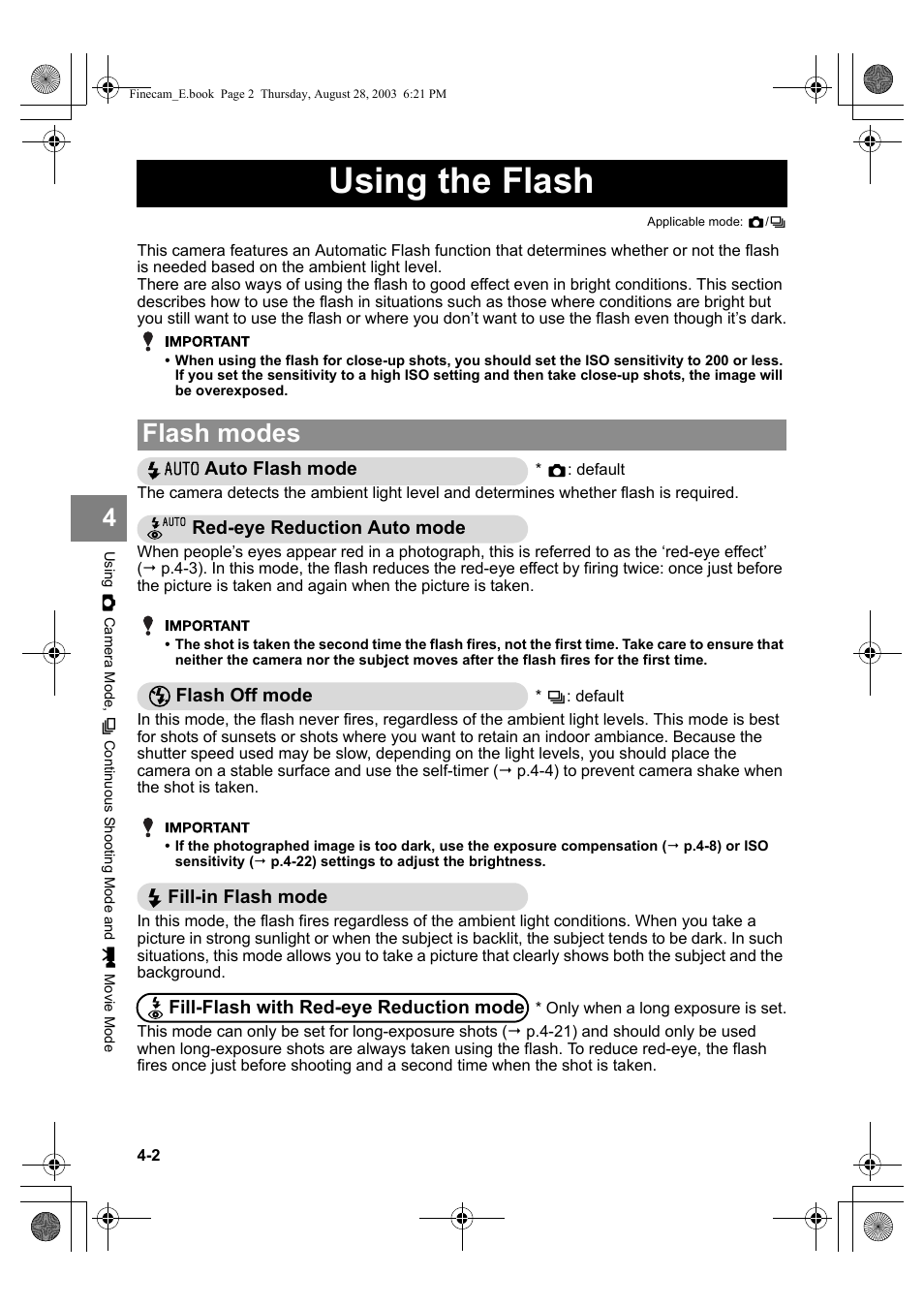 Using the flash, Flash modes | Kyocera SL300R User Manual | Page 60 / 134