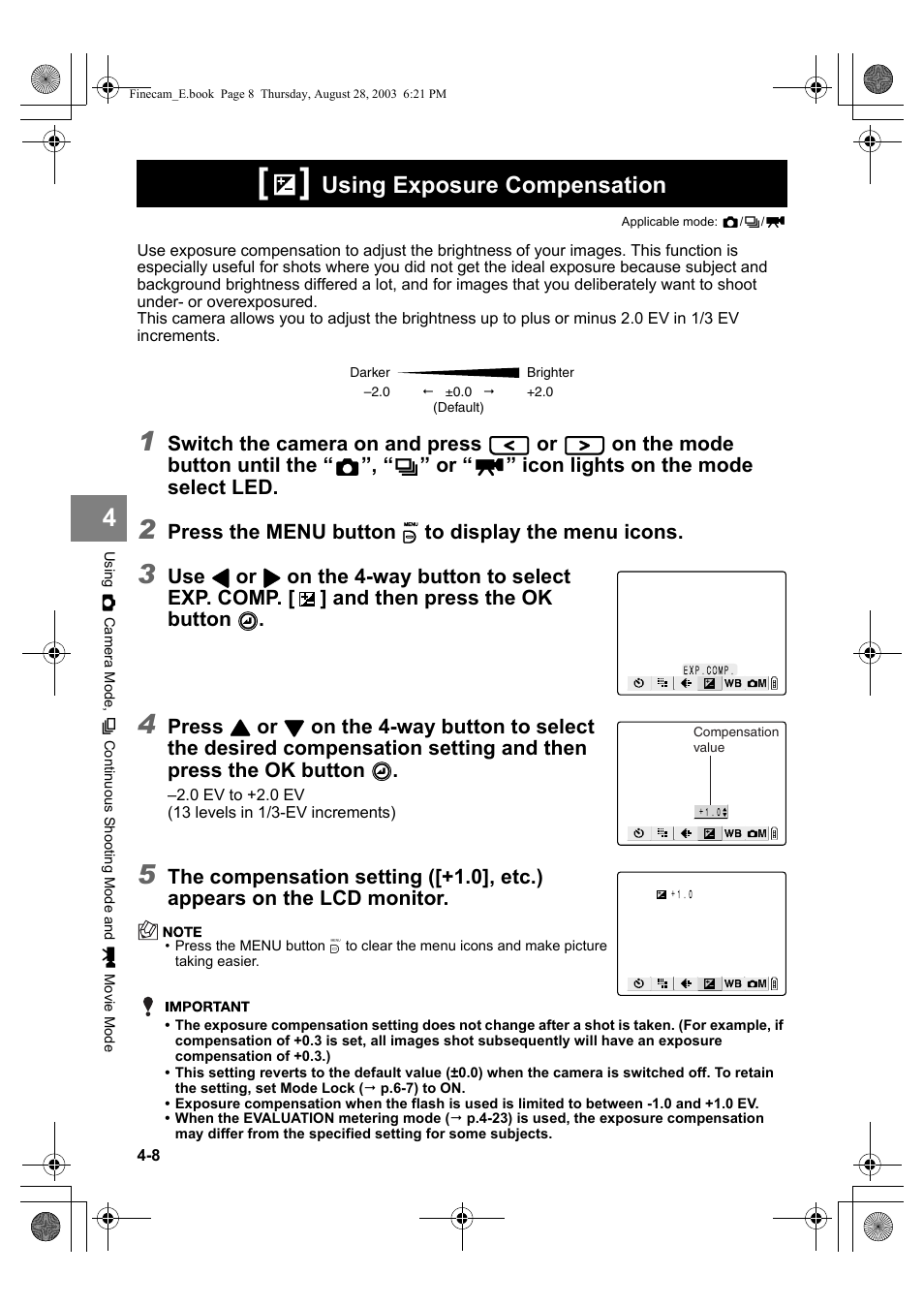 Using exposure compensation | Kyocera SL300R User Manual | Page 66 / 134