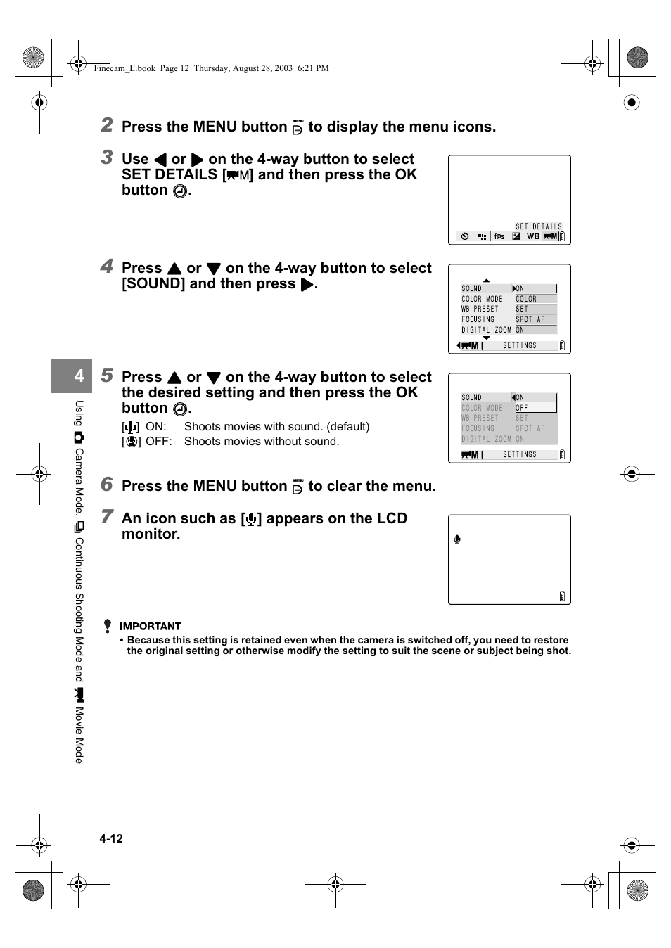 Press the menu button k to display the menu icons, Press, Press the menu button k to clear the menu | An icon such as [ ] appears on the lcd monitor | Kyocera SL300R User Manual | Page 70 / 134