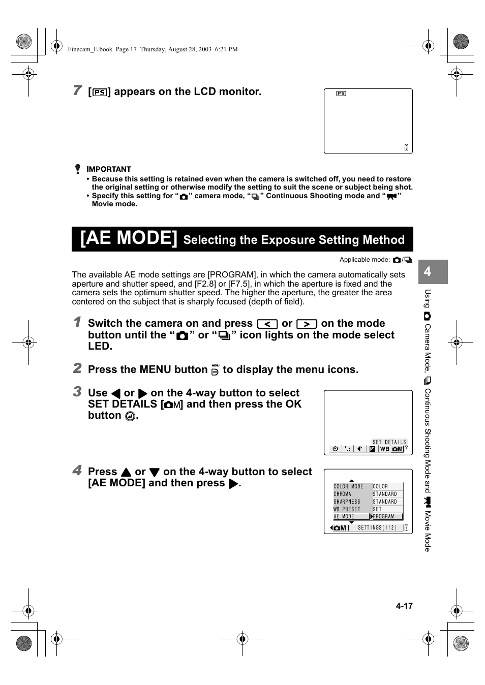 Ae mode, Selecting the exposure setting method | Kyocera SL300R User Manual | Page 75 / 134
