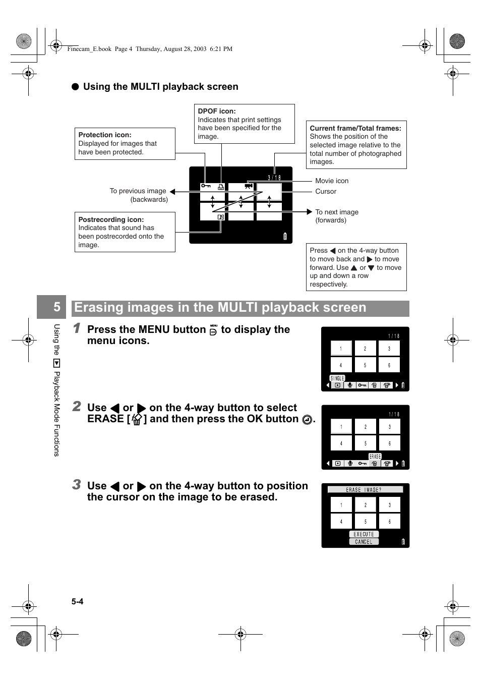 Erasing images in the multi playback screen, Press the menu button k to display the menu icons, Using the multi playback screen | Kyocera SL300R User Manual | Page 88 / 134