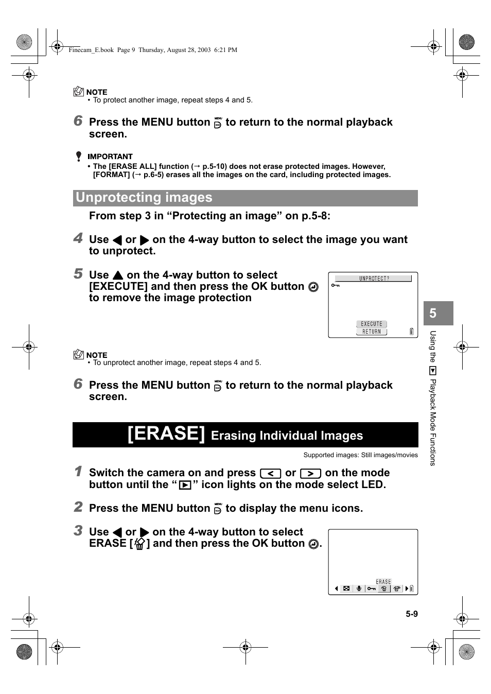 Erase, Unprotecting images | Kyocera SL300R User Manual | Page 93 / 134