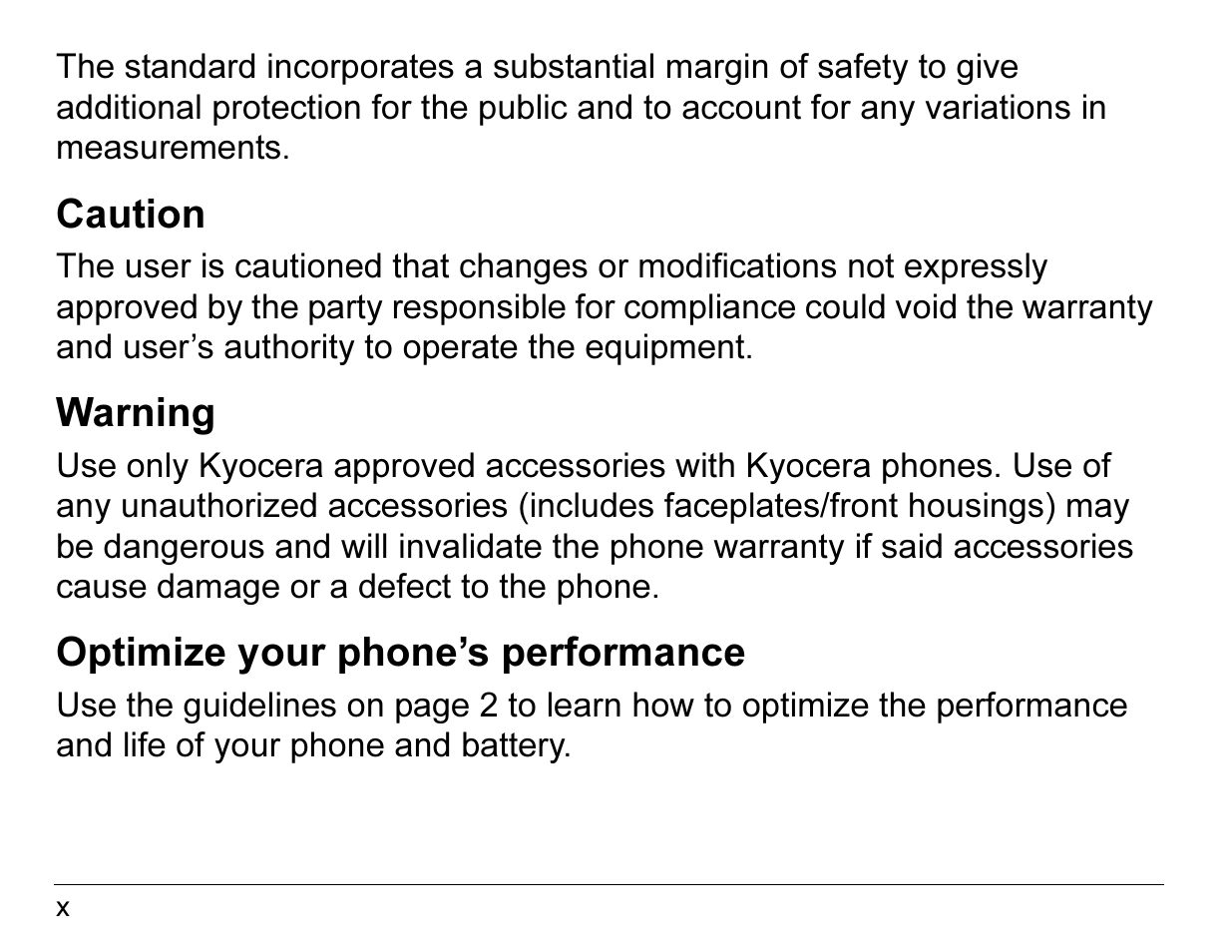 Caution, Warning, Optimize your phone’s performance | Kyocera ENERGI K490 User Manual | Page 10 / 135