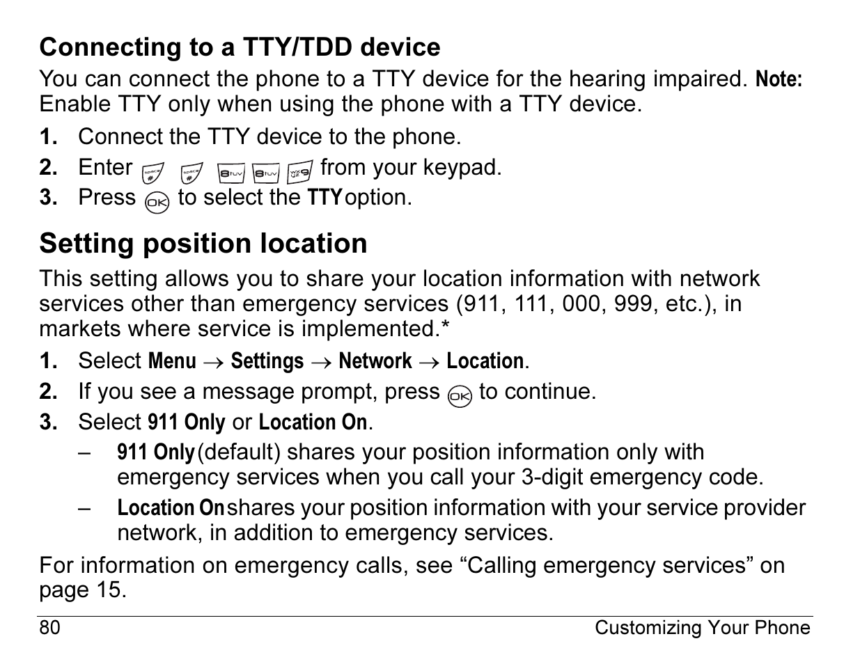 Setting position location, Connecting to a tty/tdd device | Kyocera ENERGI K490 User Manual | Page 102 / 135