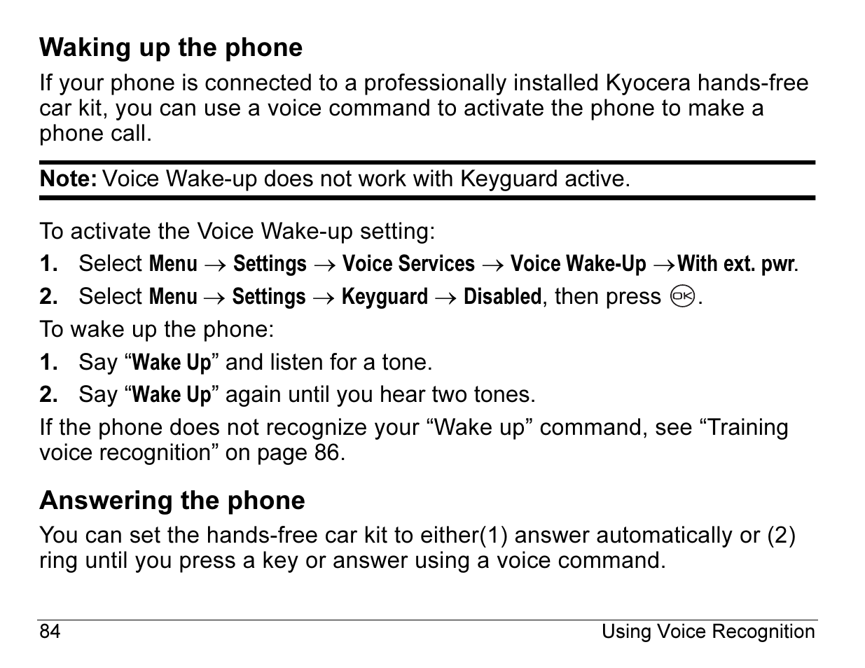 Waking up the phone, Answering the phone | Kyocera ENERGI K490 User Manual | Page 106 / 135