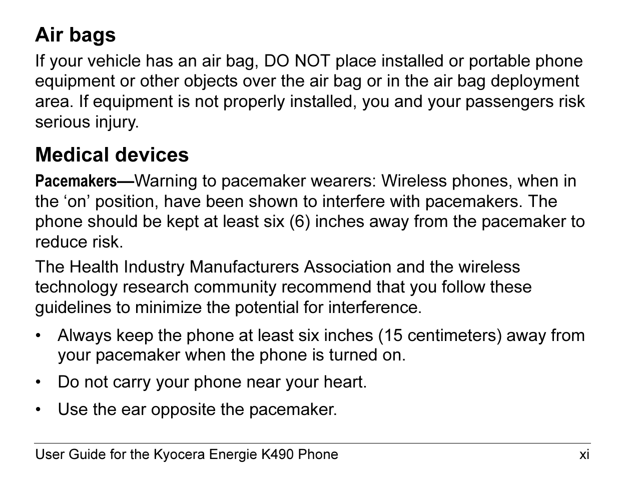 Air bags, Medical devices | Kyocera ENERGI K490 User Manual | Page 11 / 135