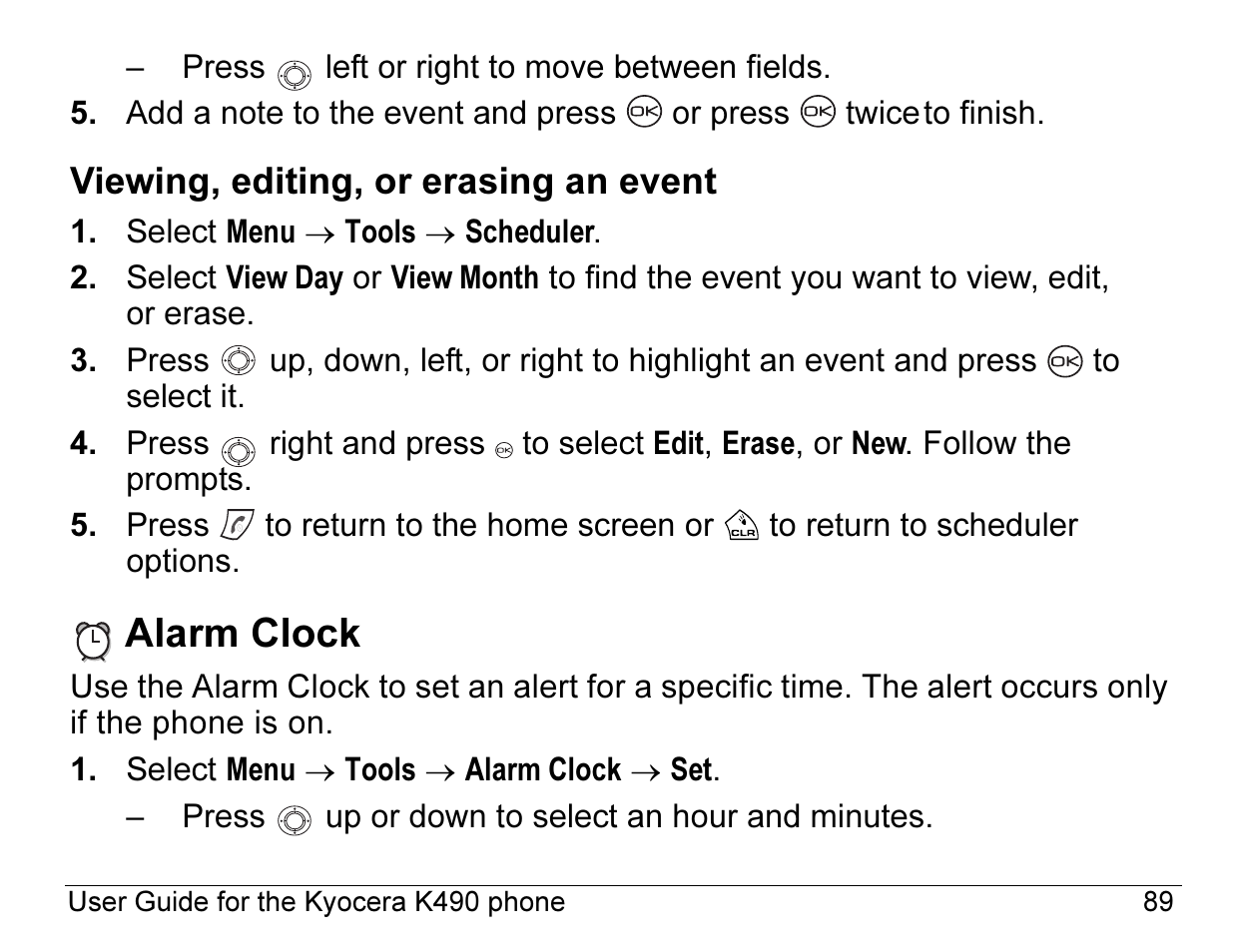 Alarm clock, Viewing, editing, or erasing an event | Kyocera ENERGI K490 User Manual | Page 111 / 135