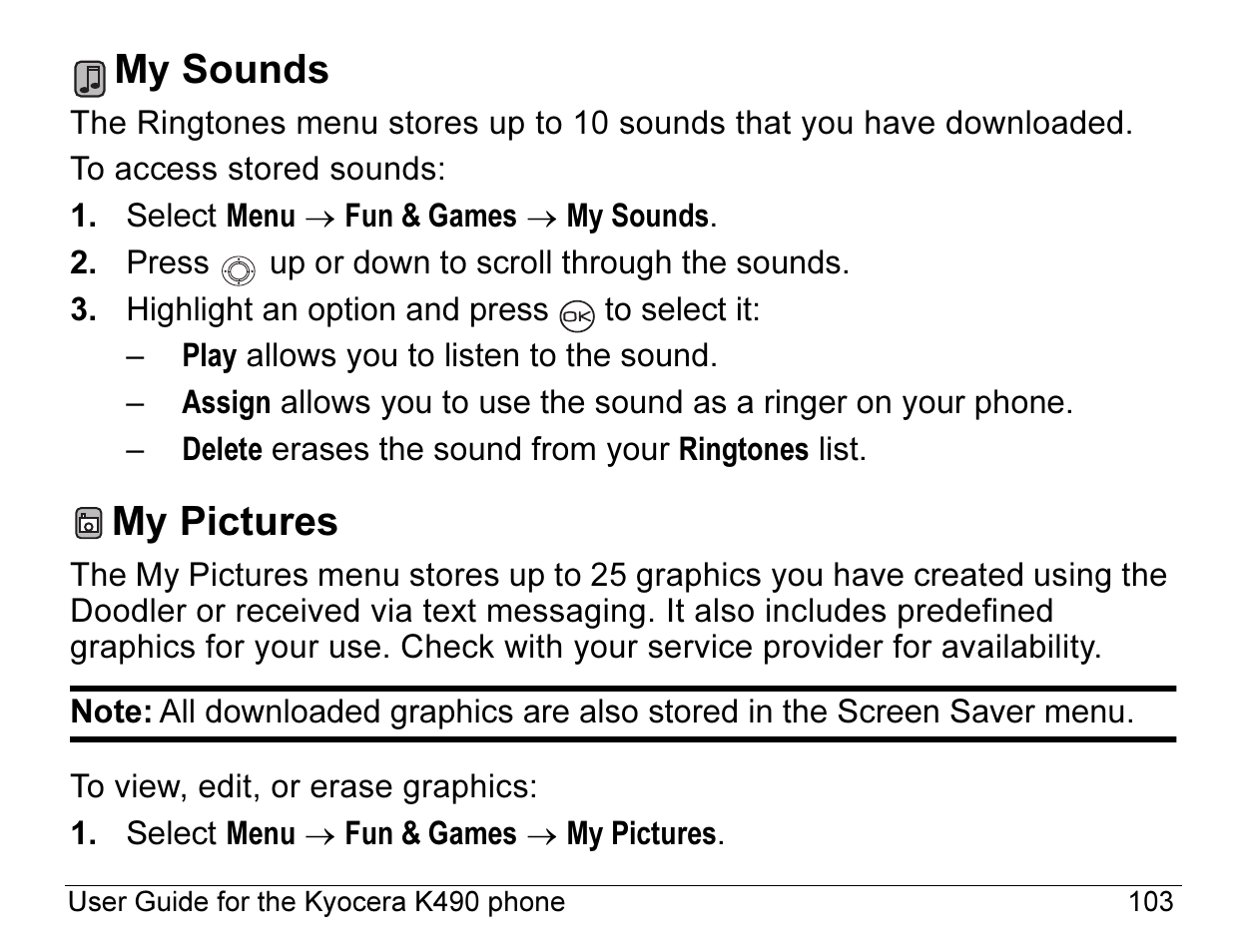 My sounds, My pictures | Kyocera ENERGI K490 User Manual | Page 125 / 135