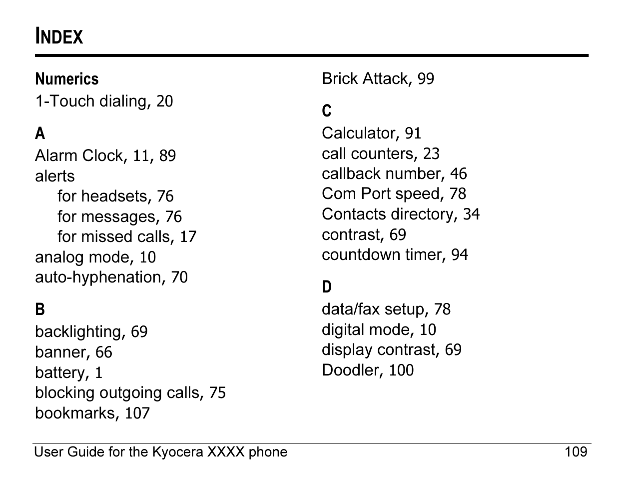 Ndex | Kyocera ENERGI K490 User Manual | Page 131 / 135