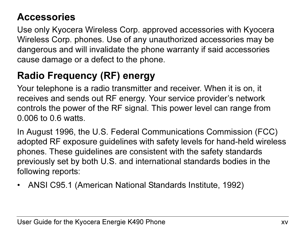 Accessories, Radio frequency (rf) energy | Kyocera ENERGI K490 User Manual | Page 15 / 135