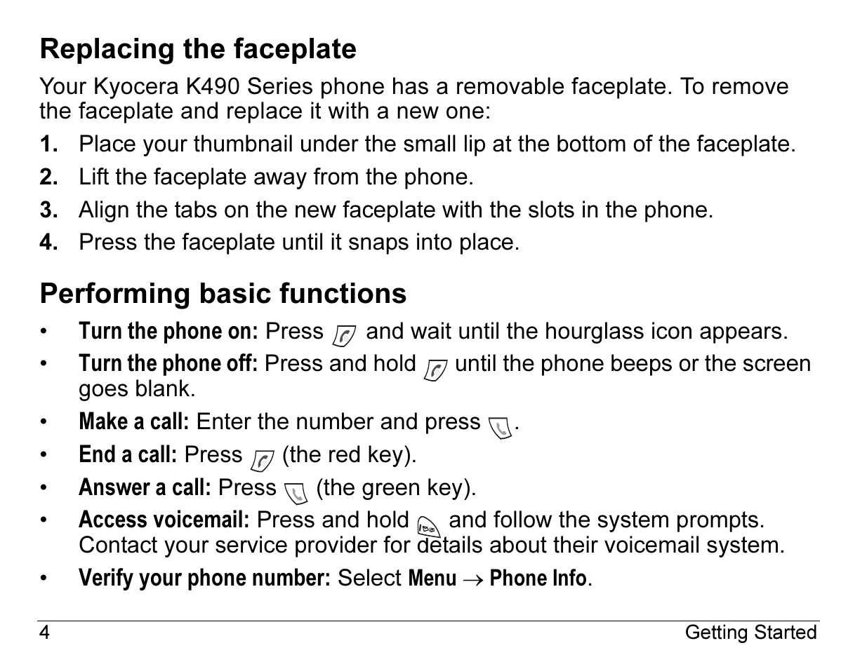 Replacing the faceplate, Performing basic functions | Kyocera ENERGI K490 User Manual | Page 26 / 135