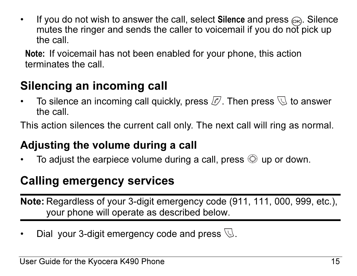 Silencing an incoming call, Calling emergency services | Kyocera ENERGI K490 User Manual | Page 37 / 135