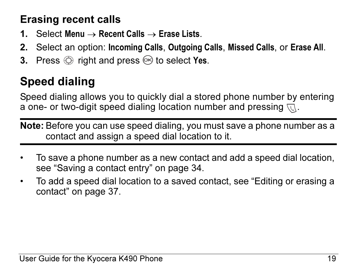 Speed dialing | Kyocera ENERGI K490 User Manual | Page 41 / 135