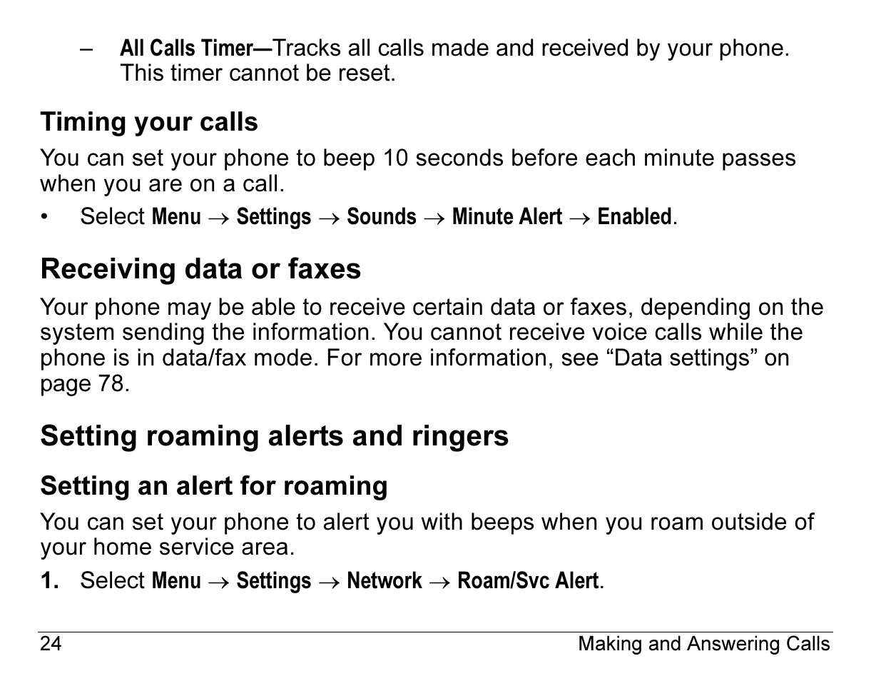 Receiving data or faxes, Setting roaming alerts and ringers | Kyocera ENERGI K490 User Manual | Page 46 / 135