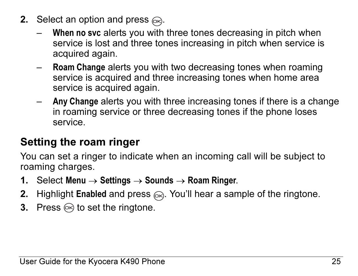 Setting the roam ringer | Kyocera ENERGI K490 User Manual | Page 47 / 135