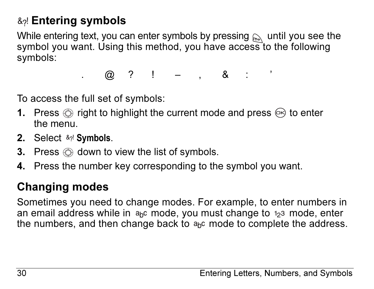 Entering symbols, Changing modes | Kyocera ENERGI K490 User Manual | Page 52 / 135