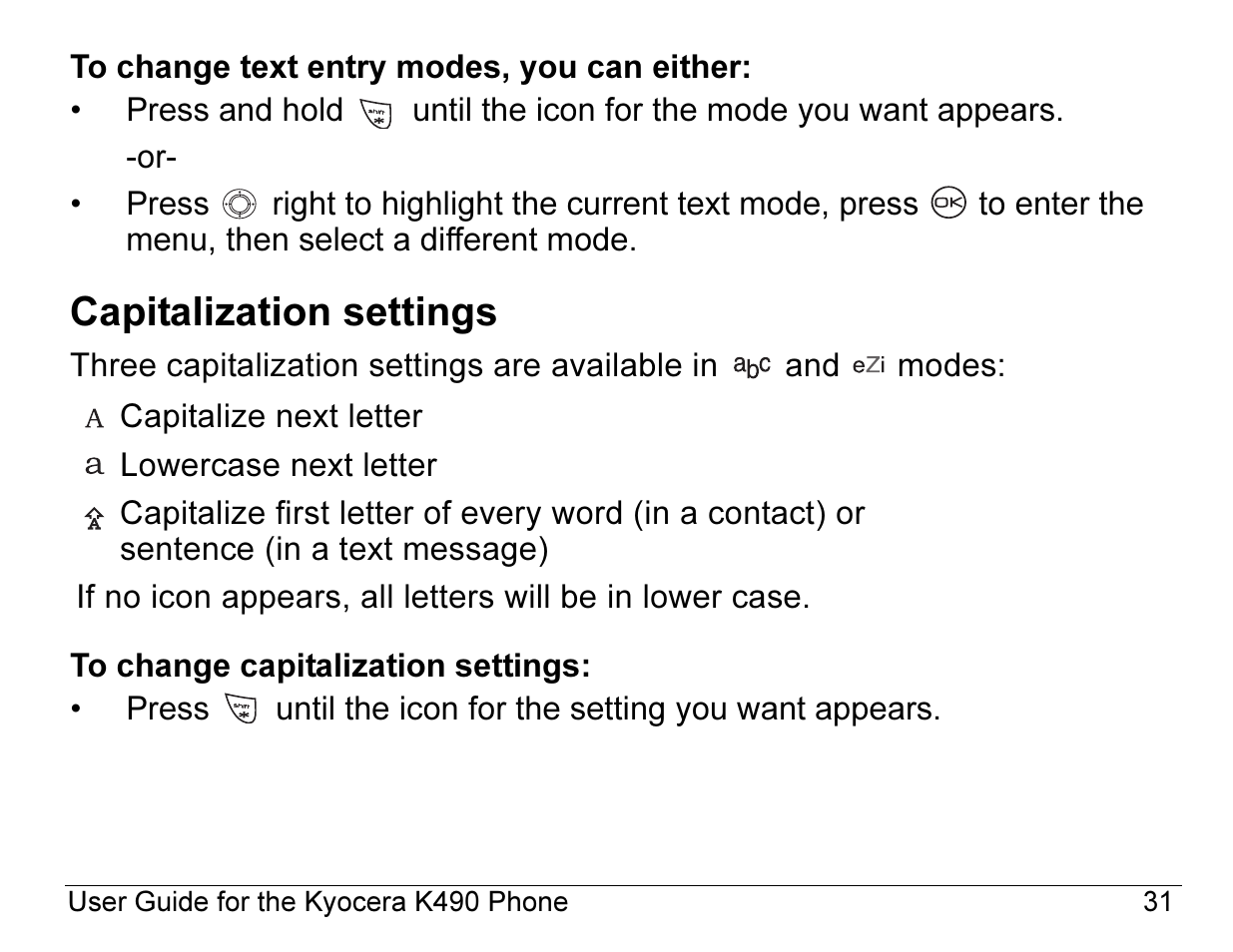 Capitalization settings | Kyocera ENERGI K490 User Manual | Page 53 / 135