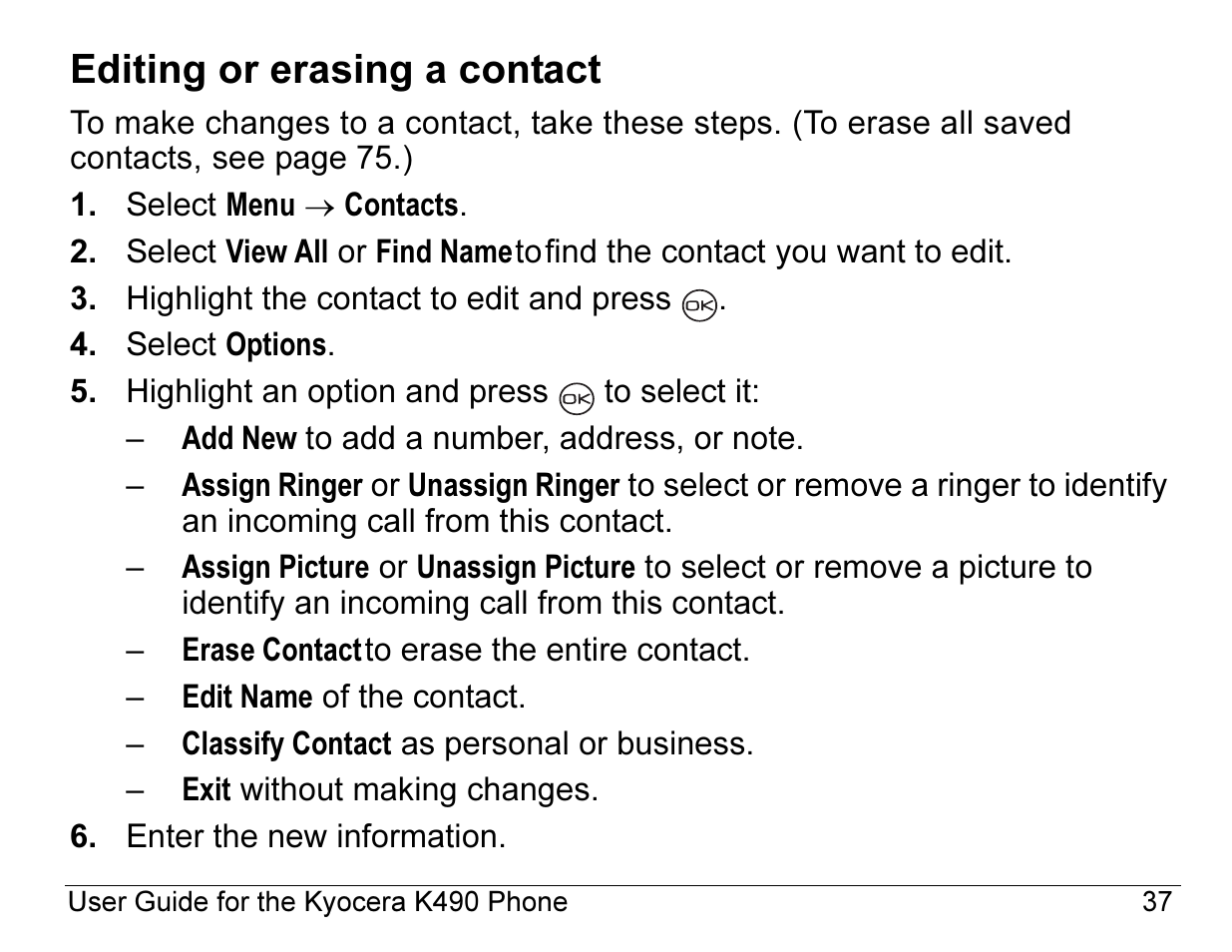 Editing or erasing a contact | Kyocera ENERGI K490 User Manual | Page 59 / 135