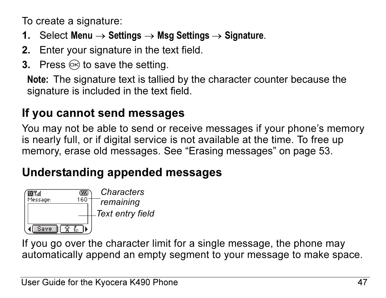 If you cannot send messages, Understanding appended messages | Kyocera ENERGI K490 User Manual | Page 69 / 135