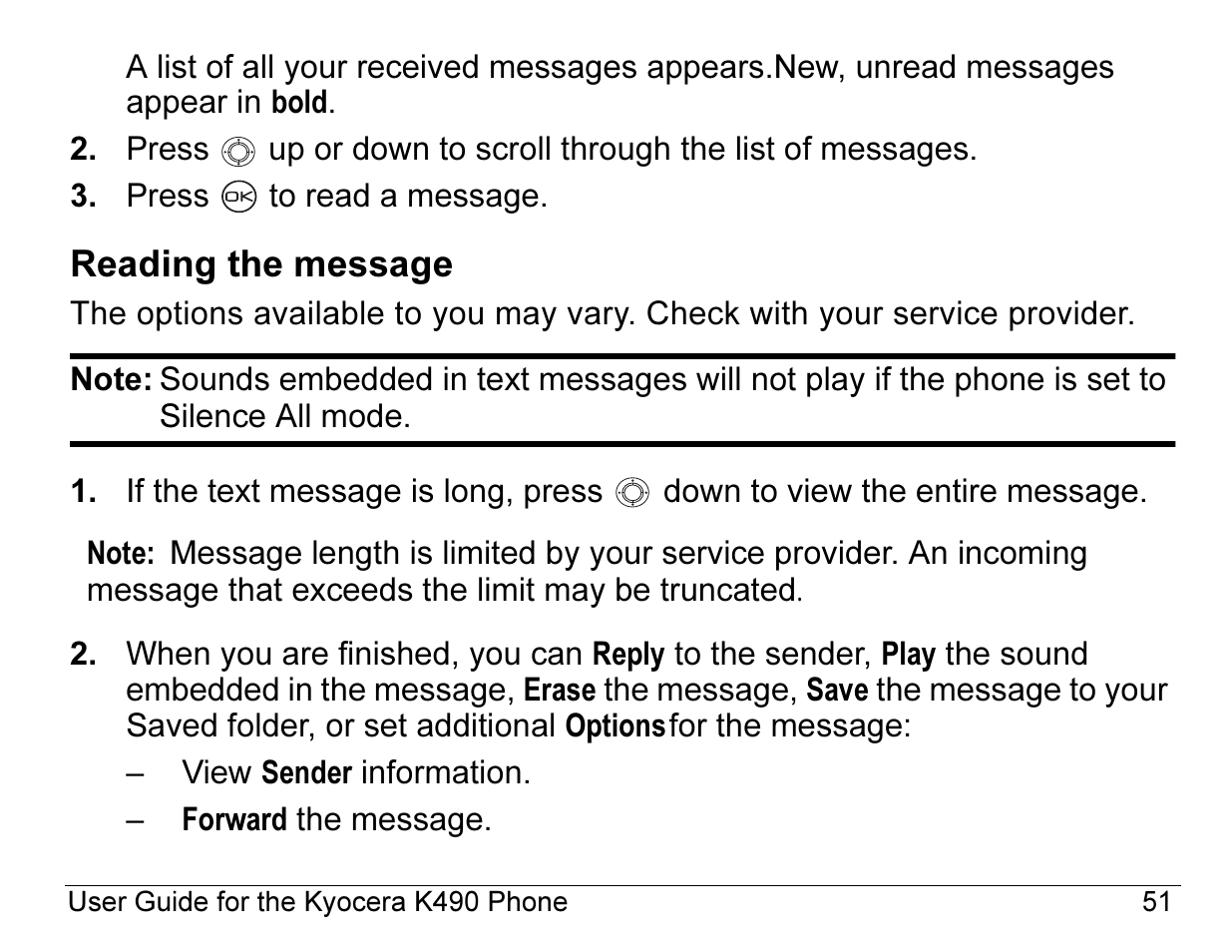 Reading the message | Kyocera ENERGI K490 User Manual | Page 73 / 135