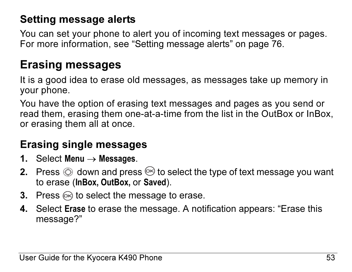 Erasing messages | Kyocera ENERGI K490 User Manual | Page 75 / 135
