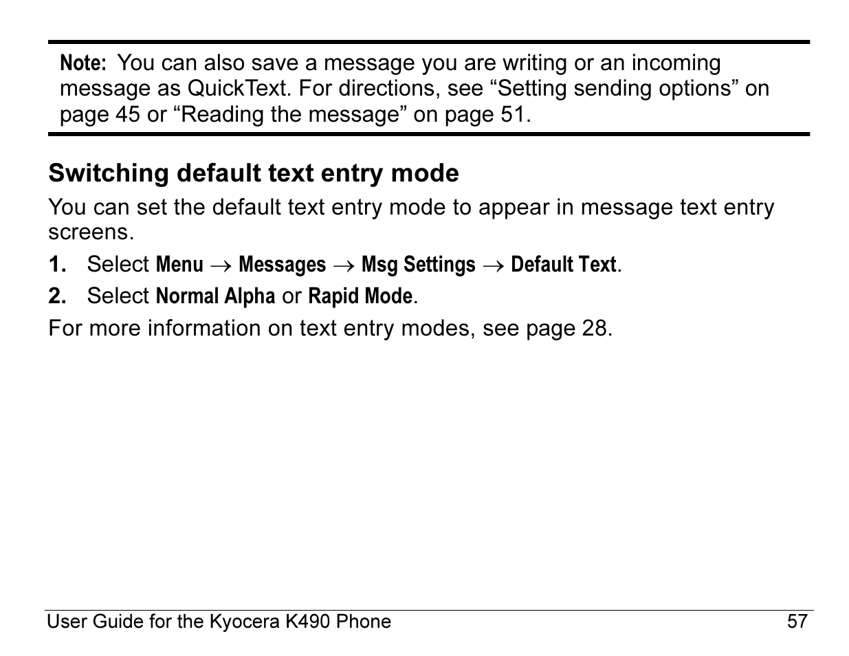 Switching default text entry mode | Kyocera ENERGI K490 User Manual | Page 79 / 135