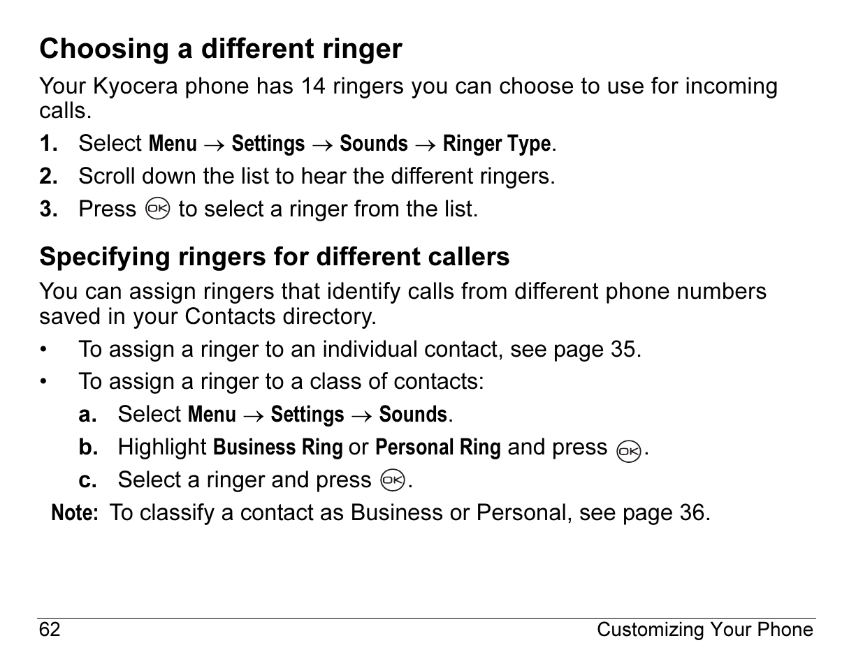 Choosing a different ringer | Kyocera ENERGI K490 User Manual | Page 84 / 135