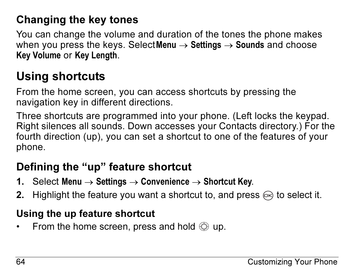 Using shortcuts, Changing the key tones, Defining the “up” feature shortcut | Kyocera ENERGI K490 User Manual | Page 86 / 135