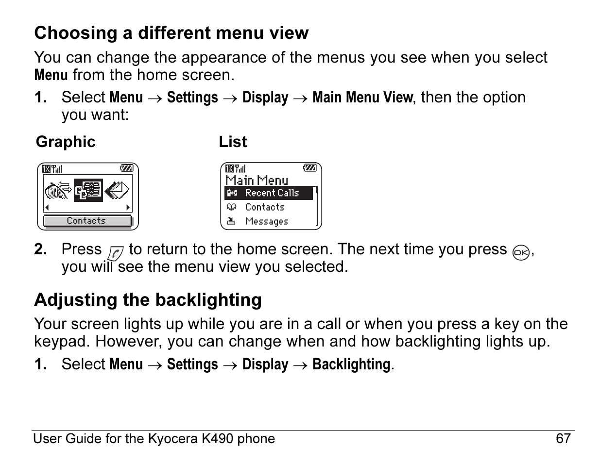 Choosing a different menu view, Adjusting the backlighting | Kyocera ENERGI K490 User Manual | Page 89 / 135