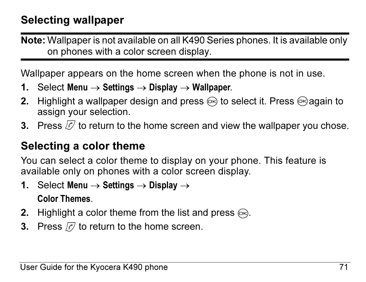 Selecting wallpaper, Selecting a color theme | Kyocera ENERGI K490 User Manual | Page 93 / 135