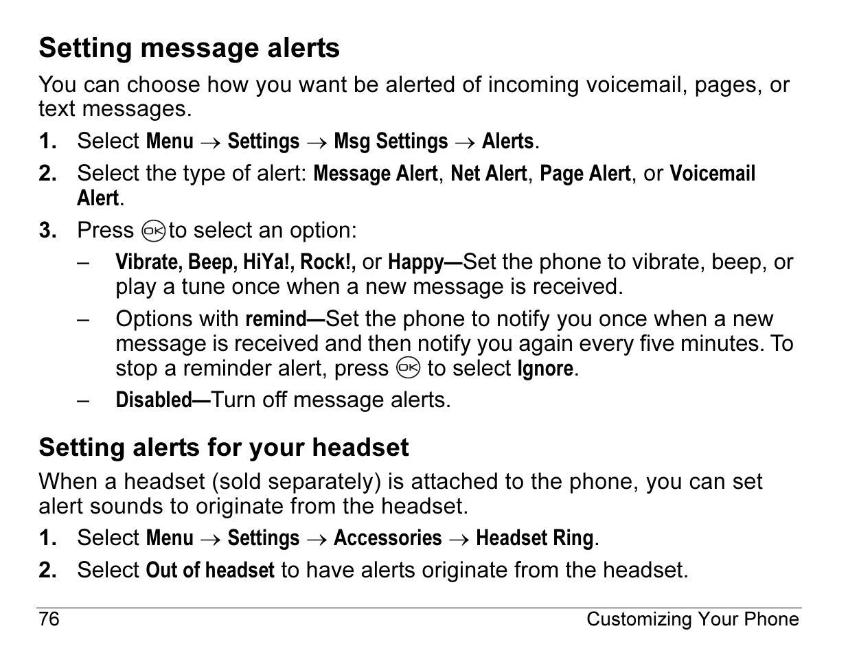 Setting message alerts, Setting alerts for your headset | Kyocera ENERGI K490 User Manual | Page 98 / 135