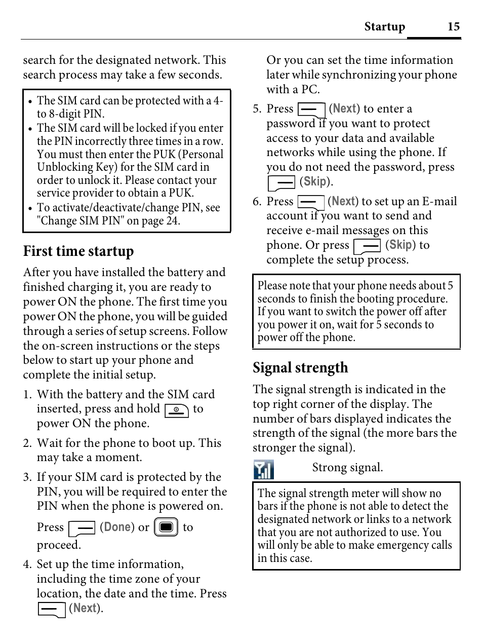First time startup, Signal strength, First time startup signal strength | Kyocera E4000 User Manual | Page 15 / 73