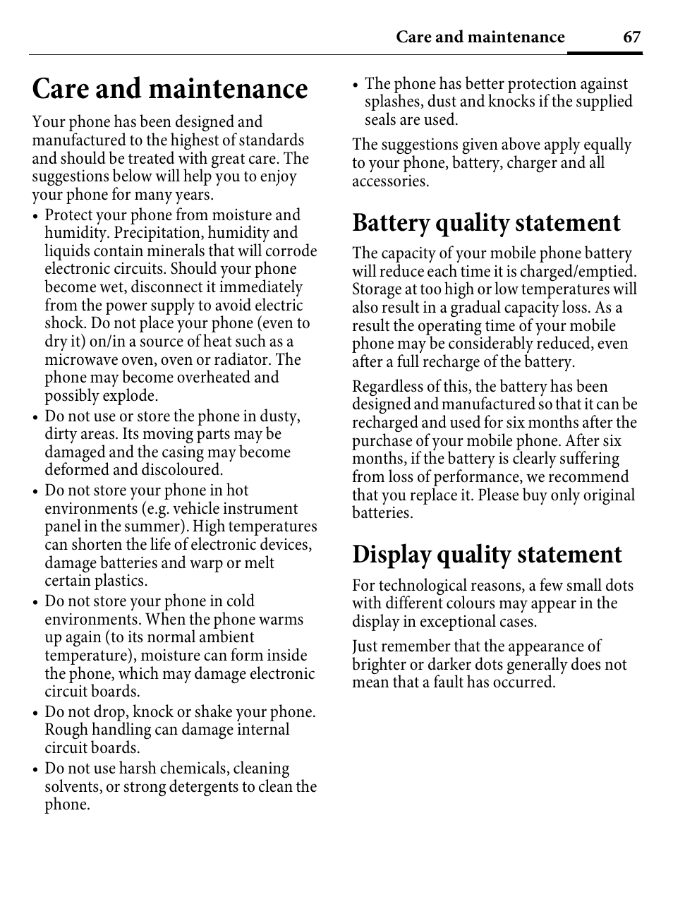 Care and maintenance, Battery quality statement, Display quality statement | Kyocera E4000 User Manual | Page 67 / 73