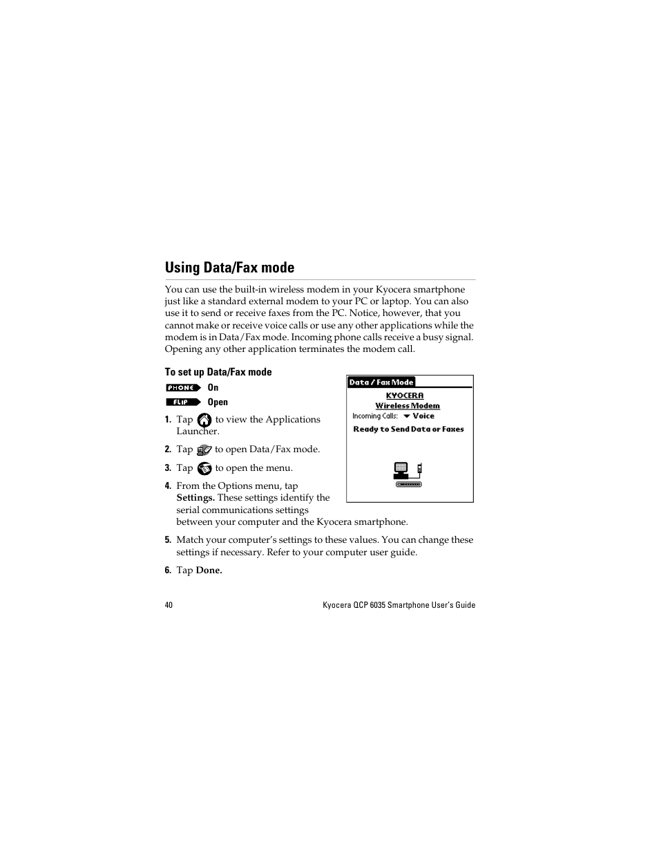 Using data/fax mode, To set up data/fax mode | Kyocera QCP 6035 User Manual | Page 46 / 68