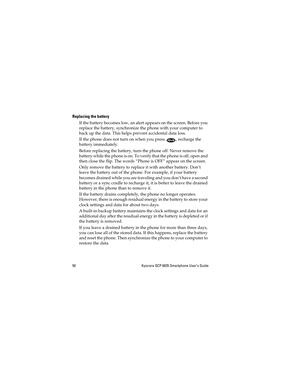 Replacing the battery | Kyocera QCP 6035 User Manual | Page 56 / 68