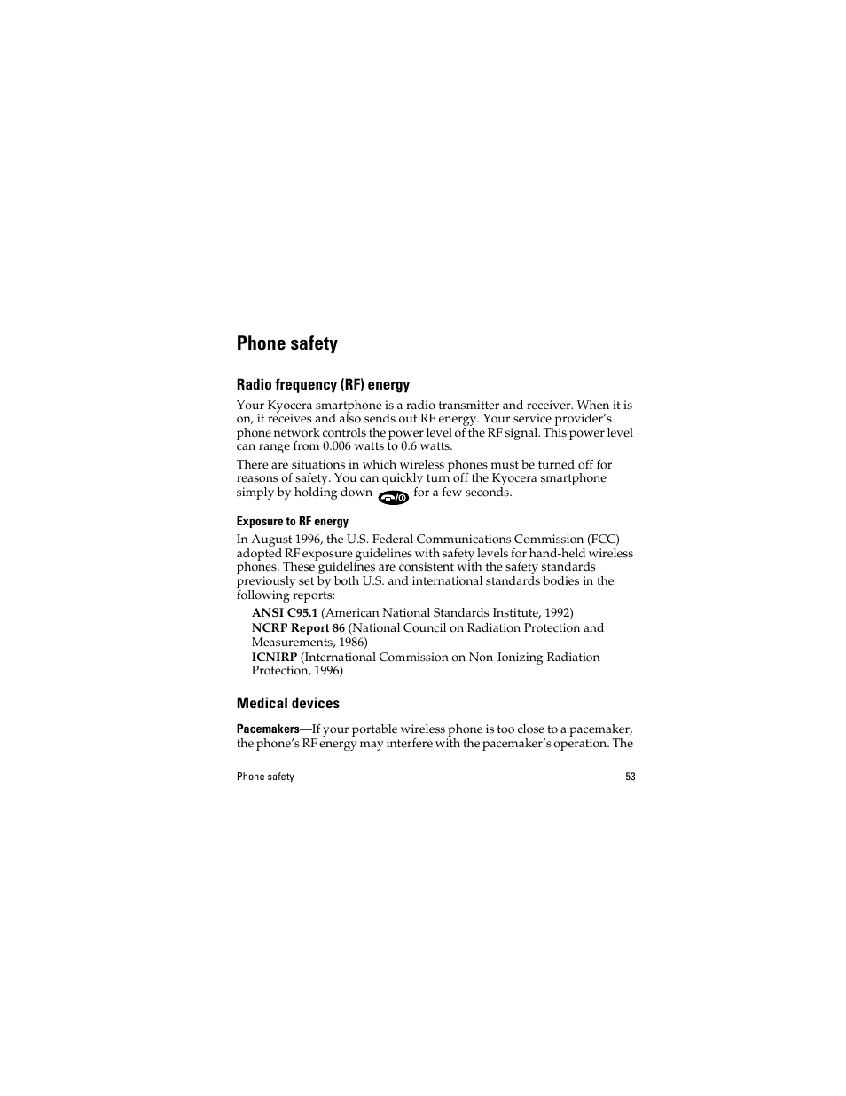 Phone safety, Radio frequency (rf) energy, Exposure to rf energy | Medical devices, Pacemakers | Kyocera QCP 6035 User Manual | Page 59 / 68