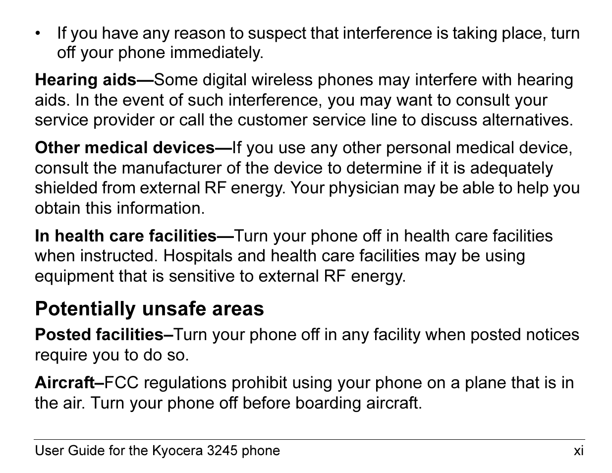 Potentially unsafe areas | Kyocera 3245 User Manual | Page 11 / 146