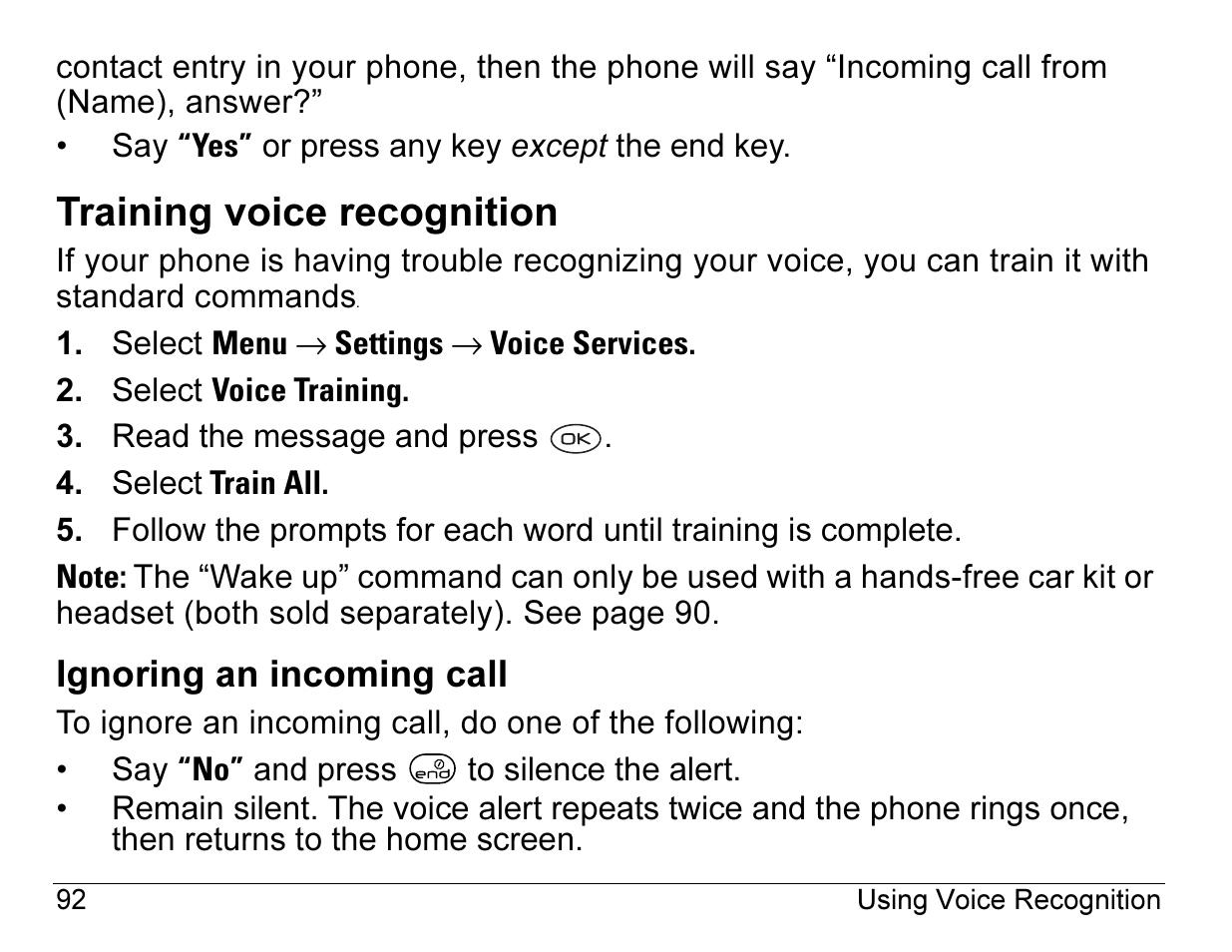 Training voice recognition, Ignoring an incoming call | Kyocera 3245 User Manual | Page 112 / 146
