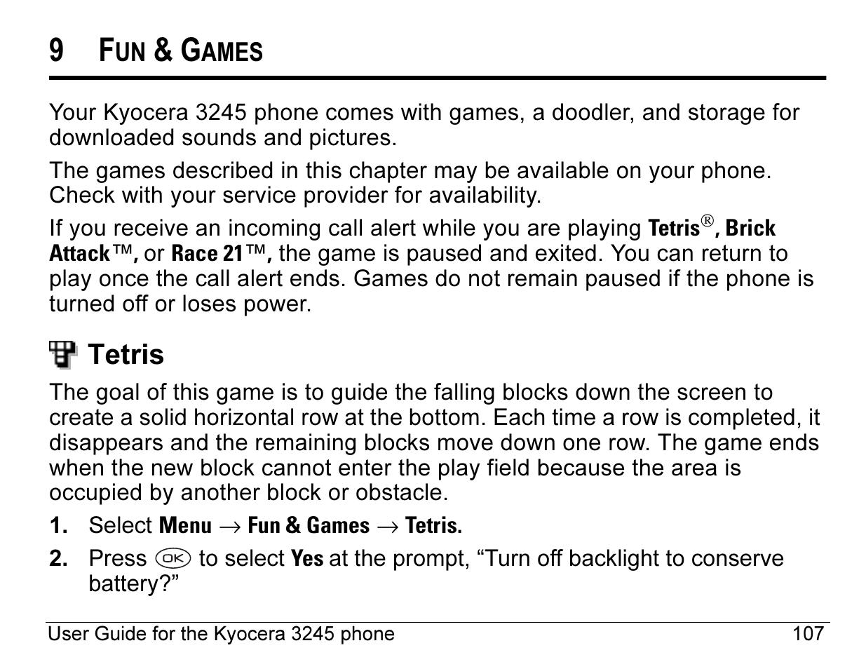 Tetris | Kyocera 3245 User Manual | Page 127 / 146